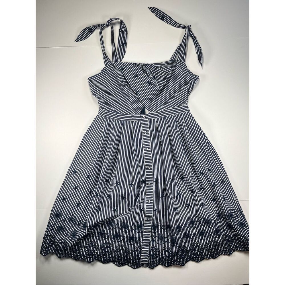 ASTR The Label Blue White Stripe Embroidered Tie Strap Dress Size Medium